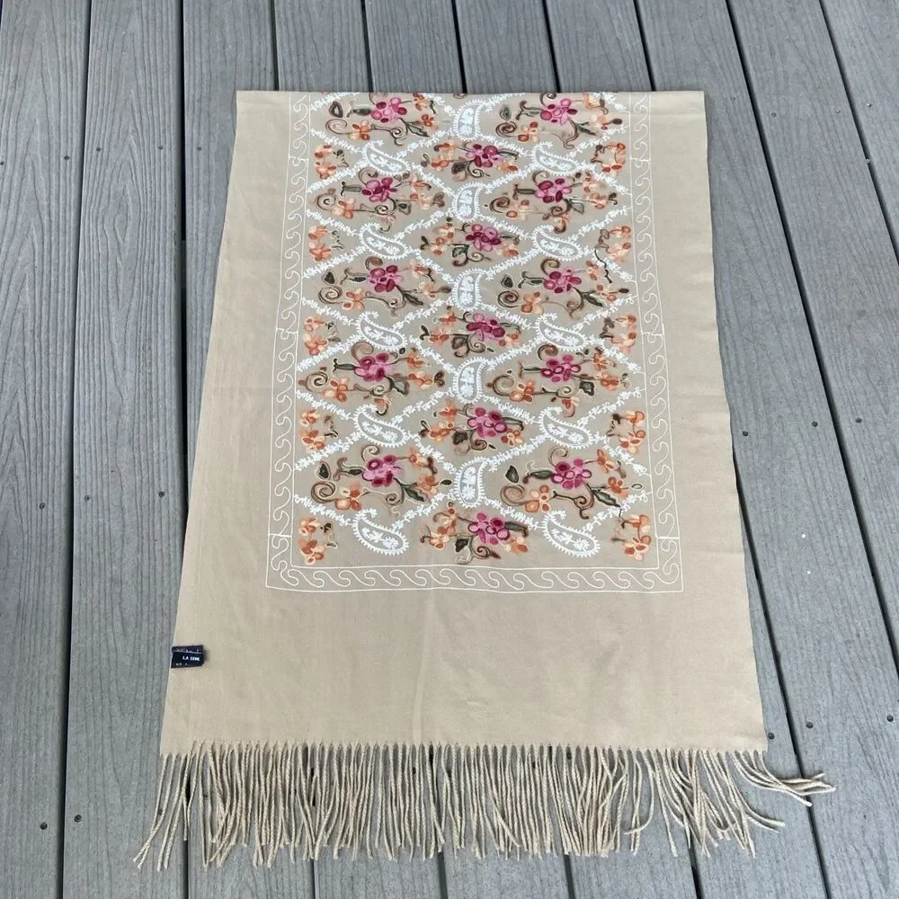 La Seine Embroidered Beige Floral Fringed Oversized Wrap Scarf Soft Luxurious